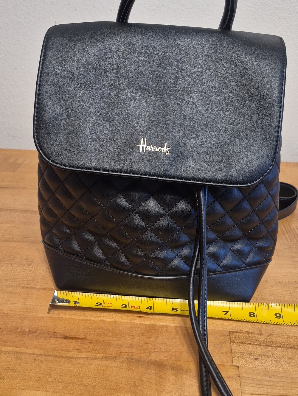 Harrods Quilted Black Backpack Textured Diamond Pattern Gold Tones - Picture 7 of 11